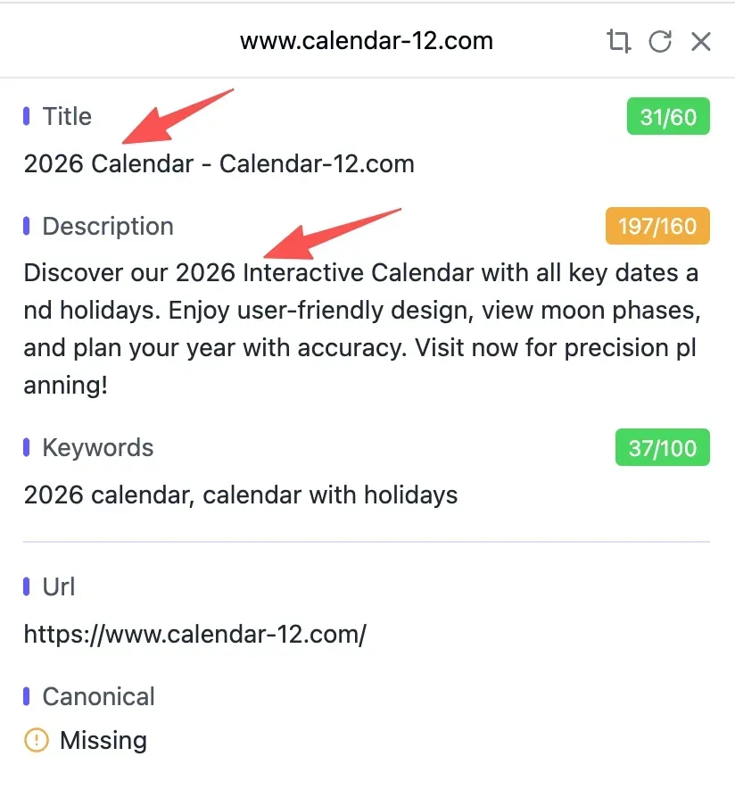 Current SEO meta shows 2026 in title/description