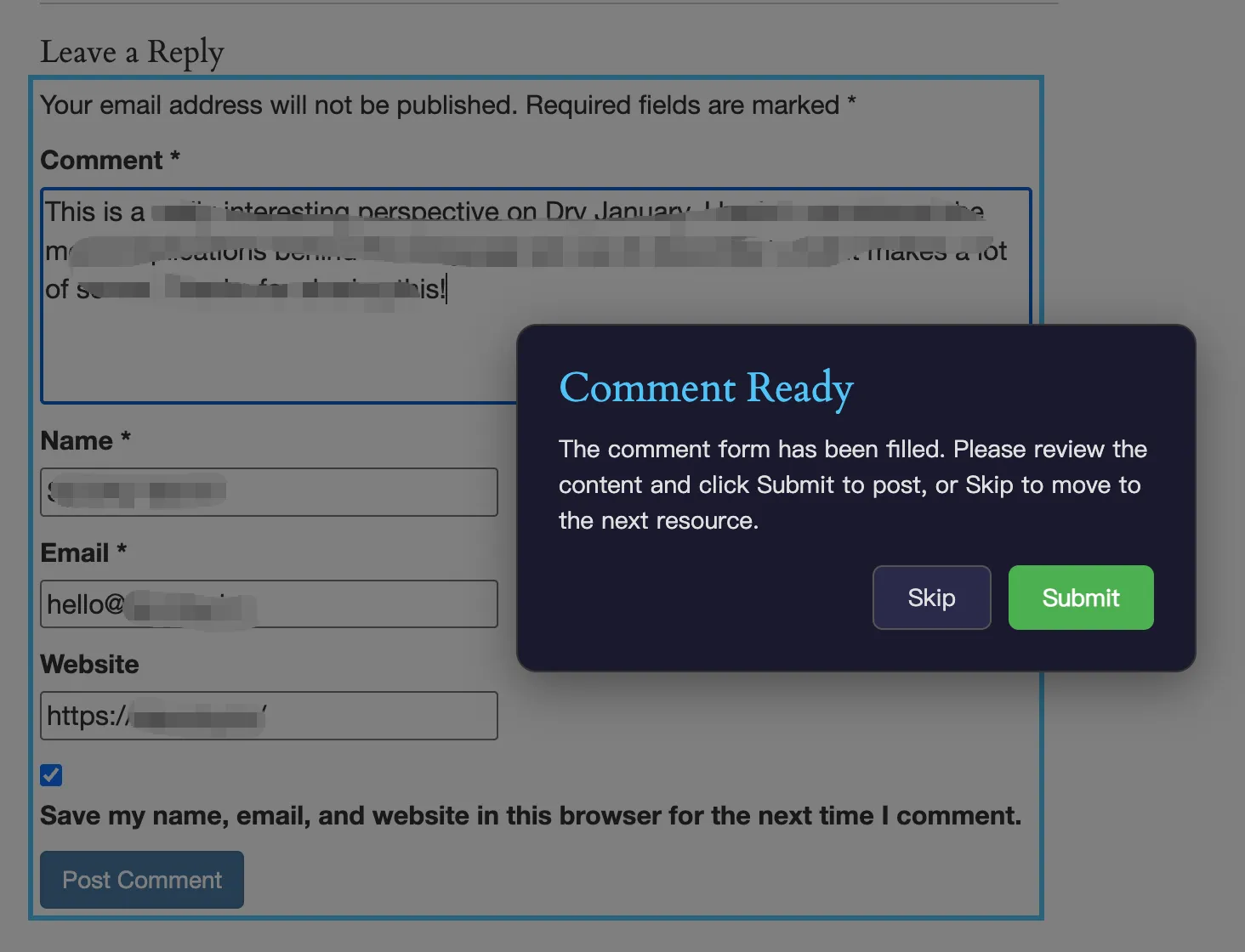 The tool auto-fills the comment form and shows a "Comment Ready" prompt — just click Submit to post