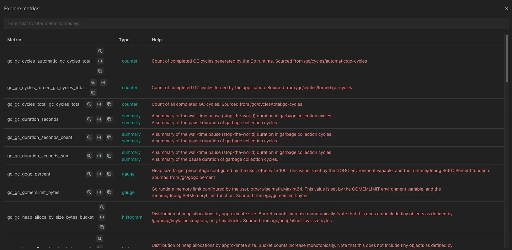 Explore metrics