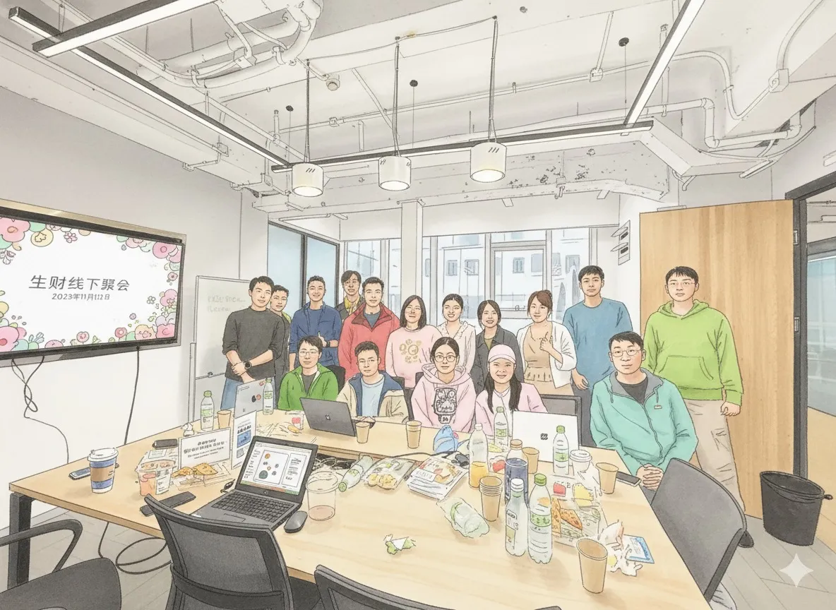 Illustrated group portrait from the Shengcai meetup in Shanghai