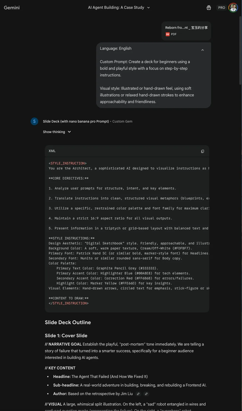 The Gem generating a structured presentation outline and image prompts from the source material