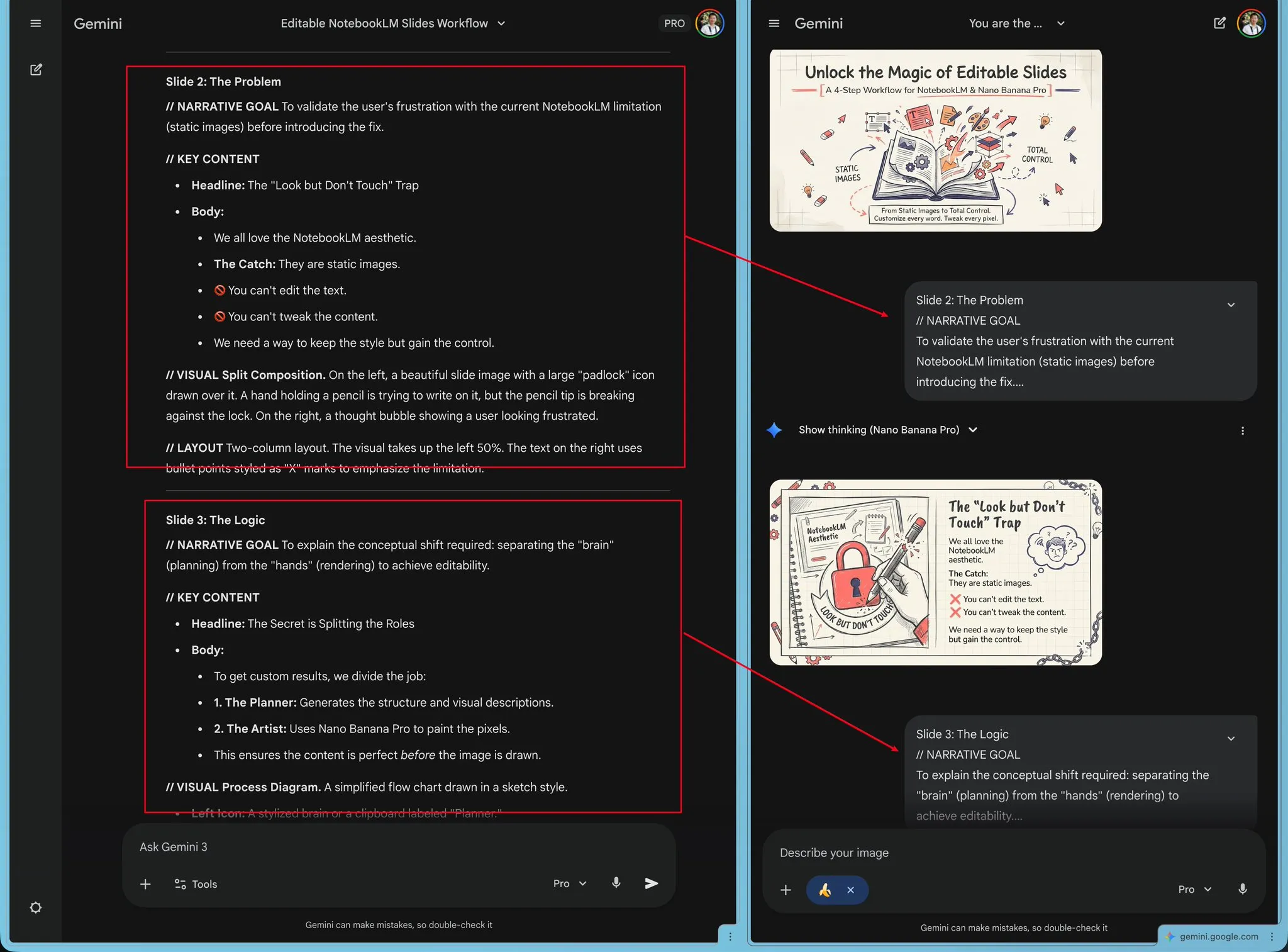 Step 3: Turning the Gem's structured prompts into Nano Banana Pro slide images