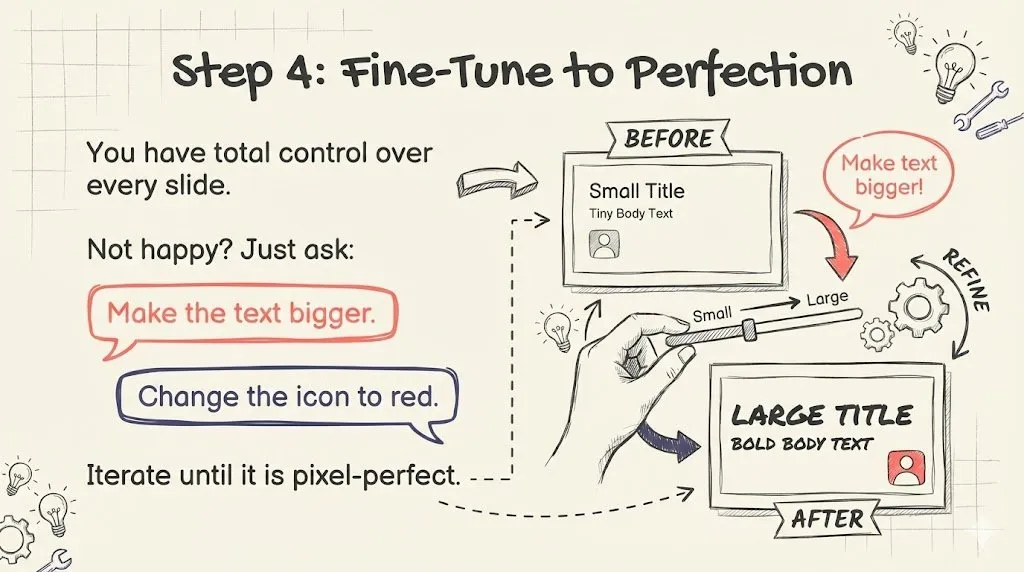 Step 4: Refining individual slides through natural-language instructions