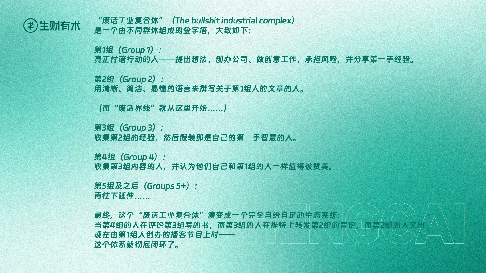A Chinese presentation slide explaining the groups in the “bullshit industrial complex”