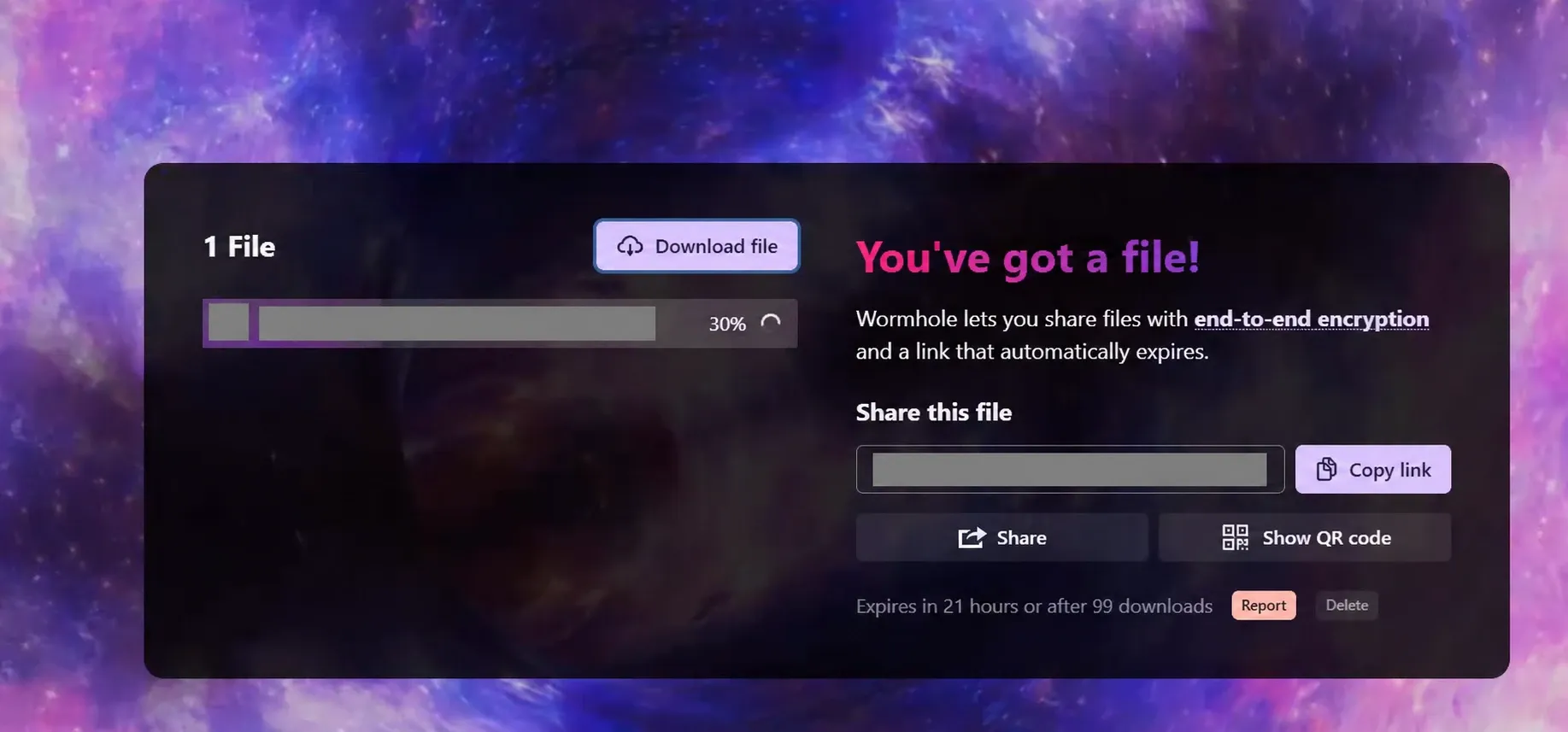Wormhole sharing page showing 30% progress, with the filename and sharing link redacted